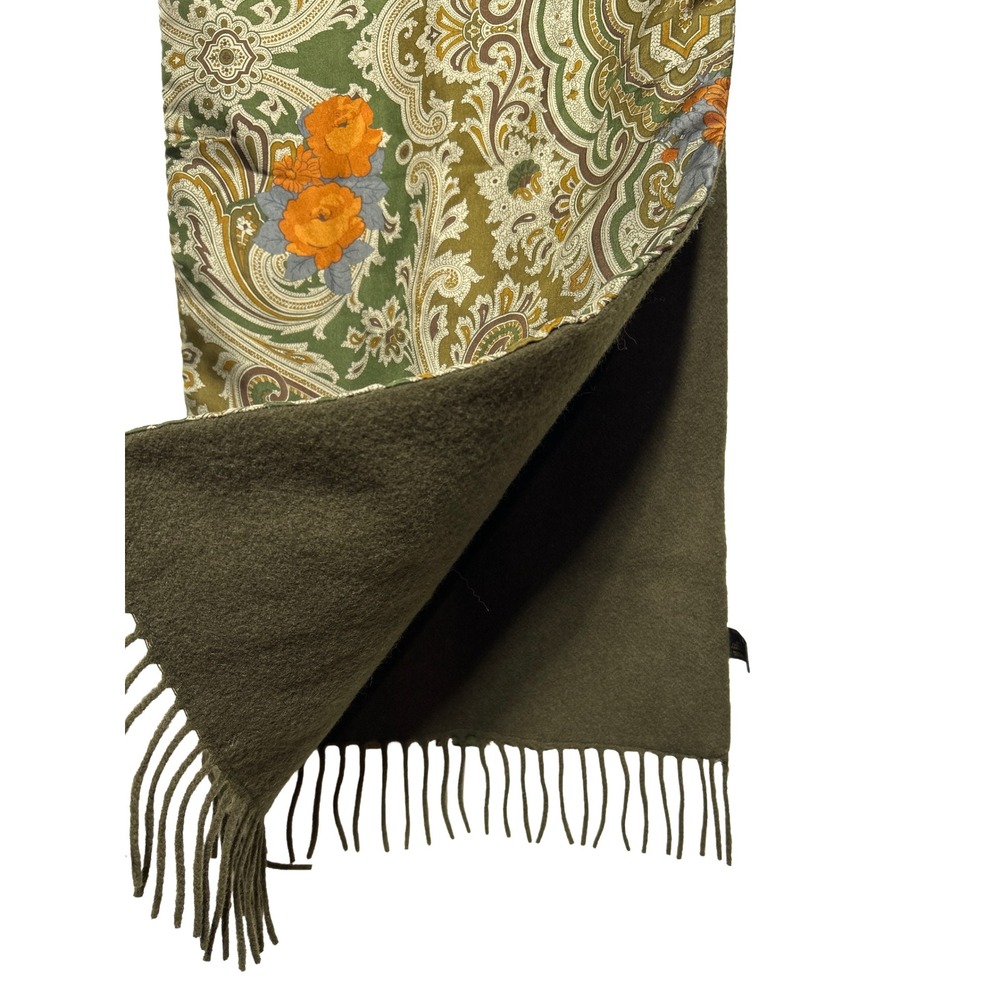 Reversible Wool Silk Scarf Made in Italy Floral Paisley‎ Green Orange Luxury